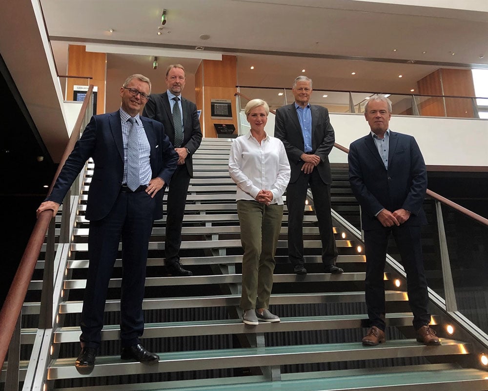 From left to right: Michel van Roozendaal, President, MacGregor; Leif Byström, Head of Offshore Solutions, MacGregor; Kristina Arutjunova, Director - Sales and Marketing Innovations, Offshore Solutions, MacGregor; Tom Jebsen, Chief Financial Officer, OHT and Torgeir E. Ramstad, Chief Executive Officer, OHT